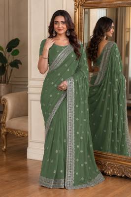 Pista soft georgette embroidery work festive saree with unstitched blouse piece 1
