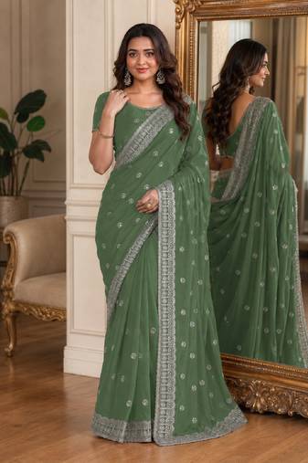 Pista soft georgette embroidery work festive saree with unstitched blouse piece