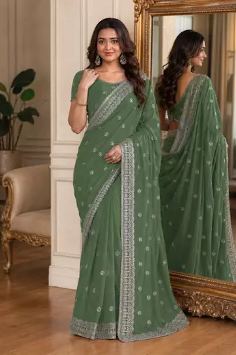 Pista soft georgette embroidery work festive saree with unstitched blouse piece