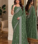 Pista soft georgette embroidery work festive saree with unstitched blouse piece