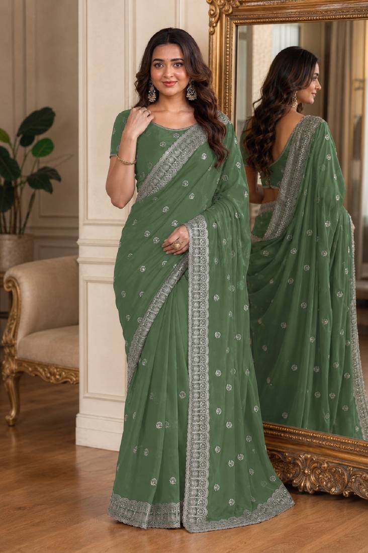 Pista soft georgette embroidery work festive saree with unstitched blouse piece
