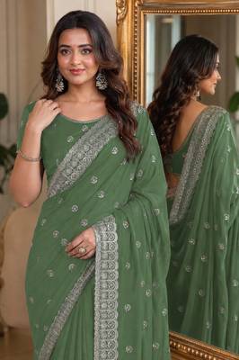 Pista soft georgette embroidery work festive saree with unstitched blouse piece 2