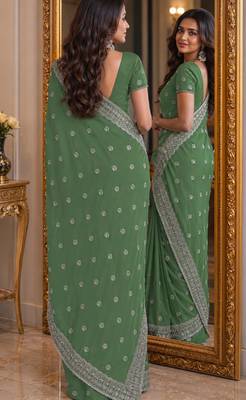Pista soft georgette embroidery work festive saree with unstitched blouse piece 3