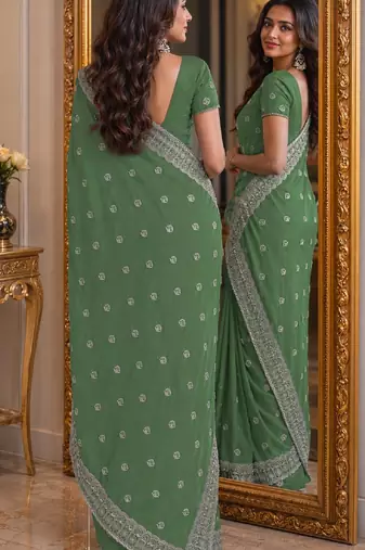 Pista soft georgette embroidery work festive saree with unstitched blouse piece