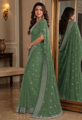 Pista soft georgette embroidery work festive saree with unstitched blouse piece 4