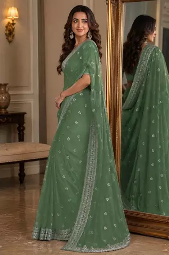 Pista soft georgette embroidery work festive saree with unstitched blouse piece