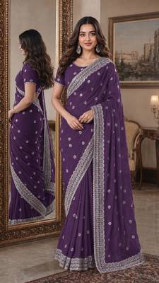 Lavender soft georgette embroidery work festive saree with unstitched blouse piece 1