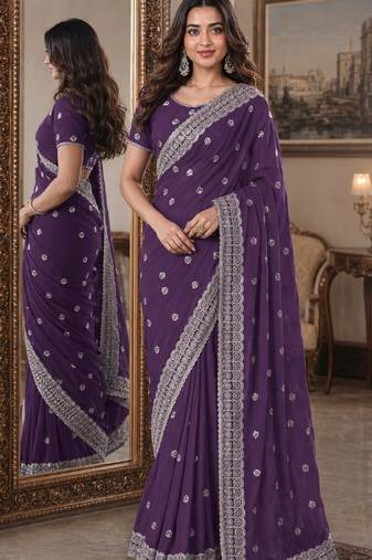 Lavender soft georgette embroidery work festive saree with unstitched blouse piece