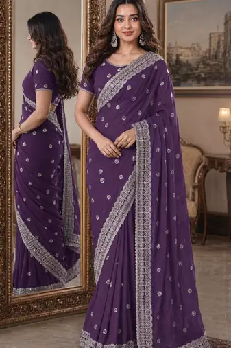Lavender soft georgette embroidery work festive saree with unstitched blouse piece
