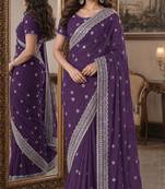 Lavender soft georgette embroidery work festive saree with unstitched blouse piece
