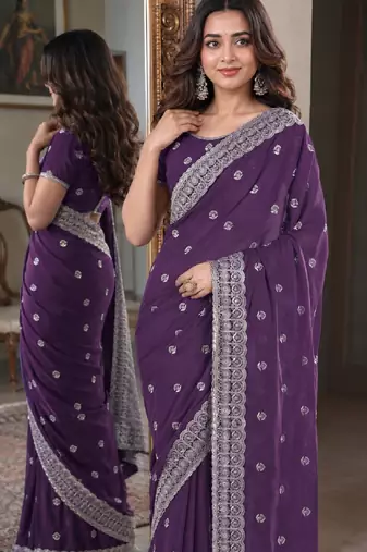 Lavender soft georgette embroidery work festive saree with unstitched blouse piece