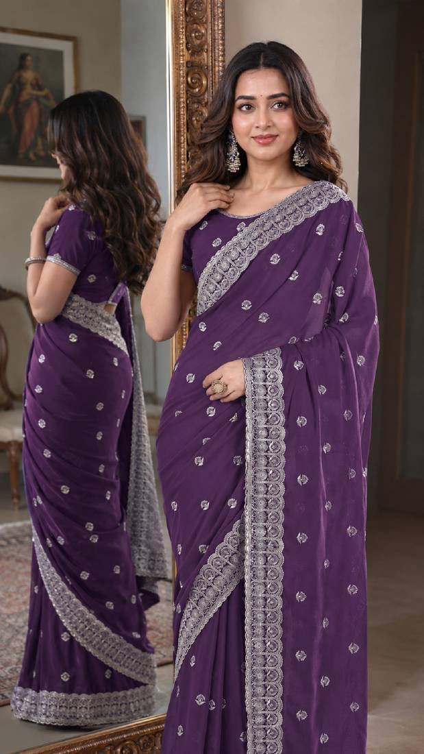 Lavender soft georgette embroidery work festive saree with unstitched blouse piece