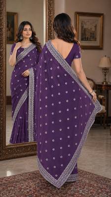 Lavender soft georgette embroidery work festive saree with unstitched blouse piece 3