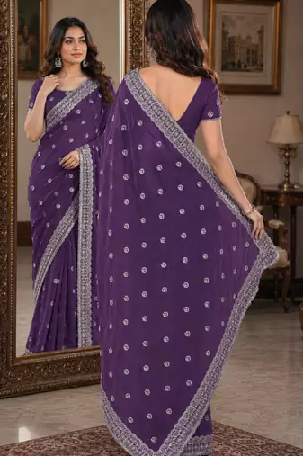 Lavender soft georgette embroidery work festive saree with unstitched blouse piece
