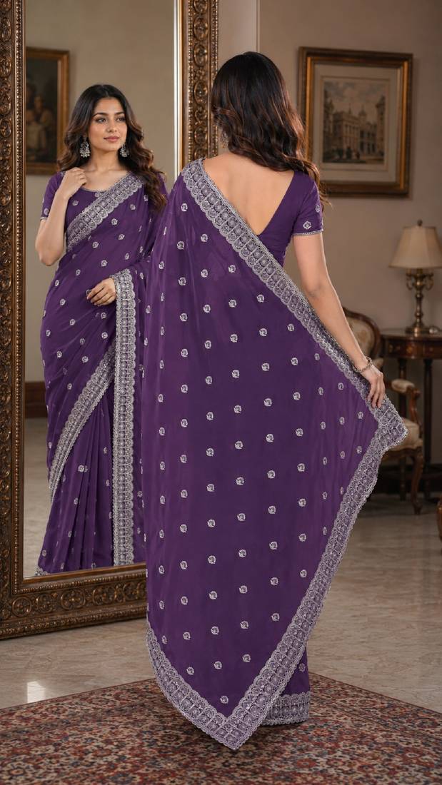 Lavender soft georgette embroidery work festive saree with unstitched blouse piece