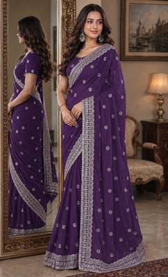 Lavender soft georgette embroidery work festive saree with unstitched blouse piece 4
