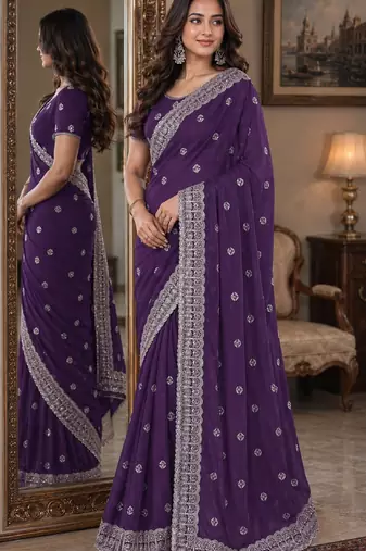 Lavender soft georgette embroidery work festive saree with unstitched blouse piece