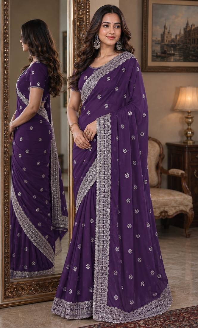 Lavender soft georgette embroidery work festive saree with unstitched blouse piece