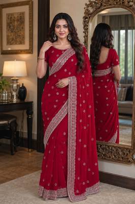 Pink soft georgette embroidery work festive saree with unstitched blouse piece 1
