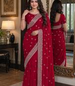 Pink soft georgette embroidery work festive saree with unstitched blouse piece