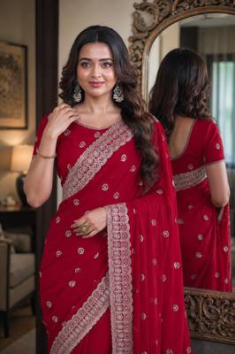 Pink soft georgette embroidery work festive saree with unstitched blouse piece 2
