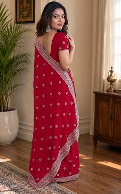 Pink soft georgette embroidery work festive saree with unstitched blouse piece 3