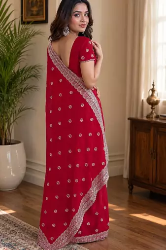 Pink soft georgette embroidery work festive saree with unstitched blouse piece