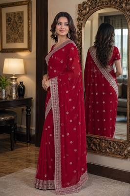 Pink soft georgette embroidery work festive saree with unstitched blouse piece 4