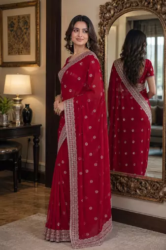 Pink soft georgette embroidery work festive saree with unstitched blouse piece