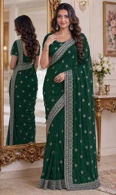 Green soft georgette embroidery work festive saree with unstitched blouse piece 1