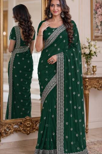 Green soft georgette embroidery work festive saree with unstitched blouse piece