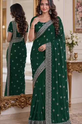 Green soft georgette embroidery work festive saree with unstitched blouse piece