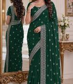 Green soft georgette embroidery work festive saree with unstitched blouse piece