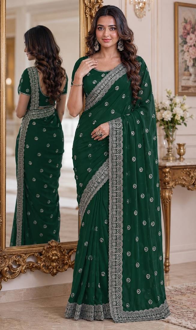 Green soft georgette embroidery work festive saree with unstitched blouse piece