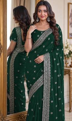 Green soft georgette embroidery work festive saree with unstitched blouse piece 2