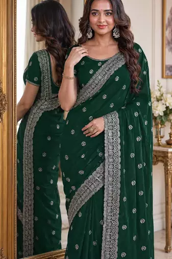 Green soft georgette embroidery work festive saree with unstitched blouse piece