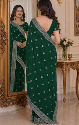 Green soft georgette embroidery work festive saree with unstitched blouse piece 3