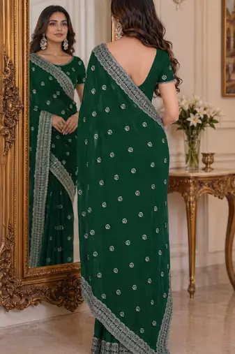 Green soft georgette embroidery work festive saree with unstitched blouse piece