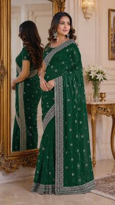 Green soft georgette embroidery work festive saree with unstitched blouse piece 4