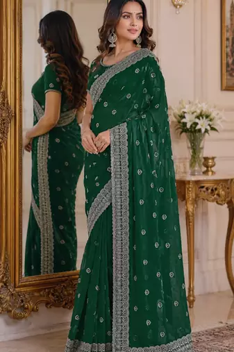 Green soft georgette embroidery work festive saree with unstitched blouse piece