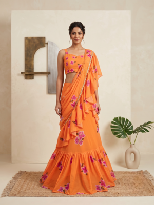 Orange Floral Printed Lehenga Choli with Ruffle Dupatta 1