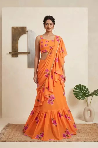 Orange Floral Printed Lehenga Choli with Ruffle Dupatta