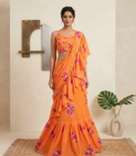 Orange Floral Printed Lehenga Choli with Ruffle Dupatta