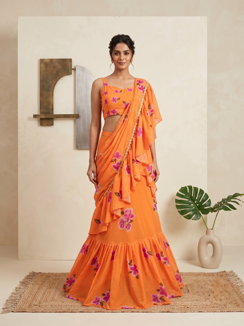 Orange Floral Printed Lehenga Choli with Ruffle Dupatta