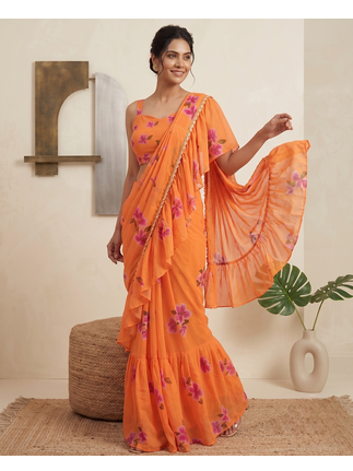 Orange Floral Printed Lehenga Choli with Ruffle Dupatta 2