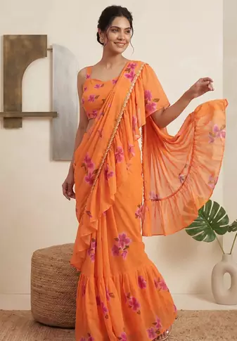 Orange Floral Printed Lehenga Choli with Ruffle Dupatta