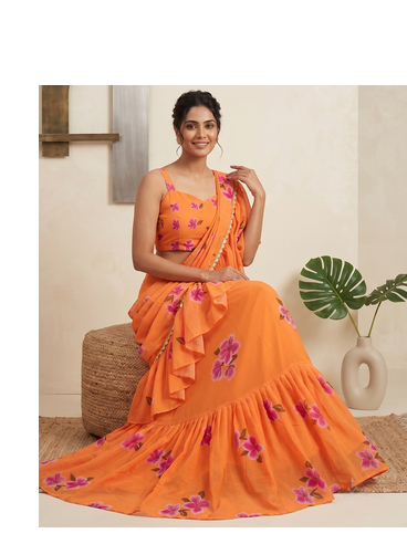 Orange Floral Printed Lehenga Choli with Ruffle Dupatta 3