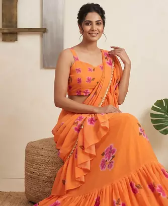 Orange Floral Printed Lehenga Choli with Ruffle Dupatta