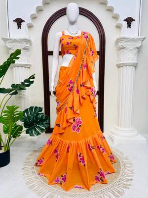 Orange Floral Printed Lehenga Choli with Ruffle Dupatta 4