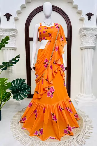 Orange Floral Printed Lehenga Choli with Ruffle Dupatta